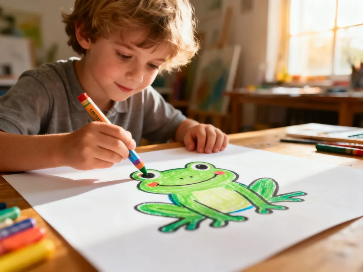 Dziecko rysuje kolorową żabę kredką na białej kartce papieru przy drewnianym biurku.