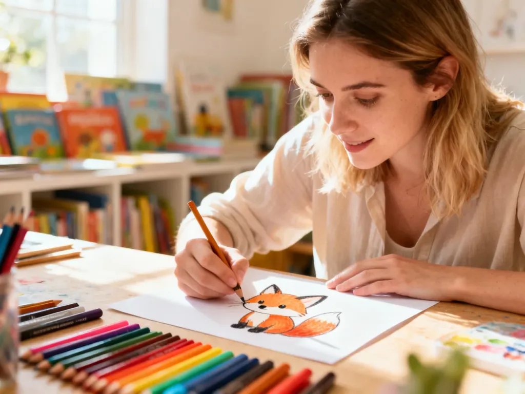 Kobieta rysuje uroczego lisa na kartce papieru w przytulnej pracowni artystycznej pełnej kolorowych przyborów.