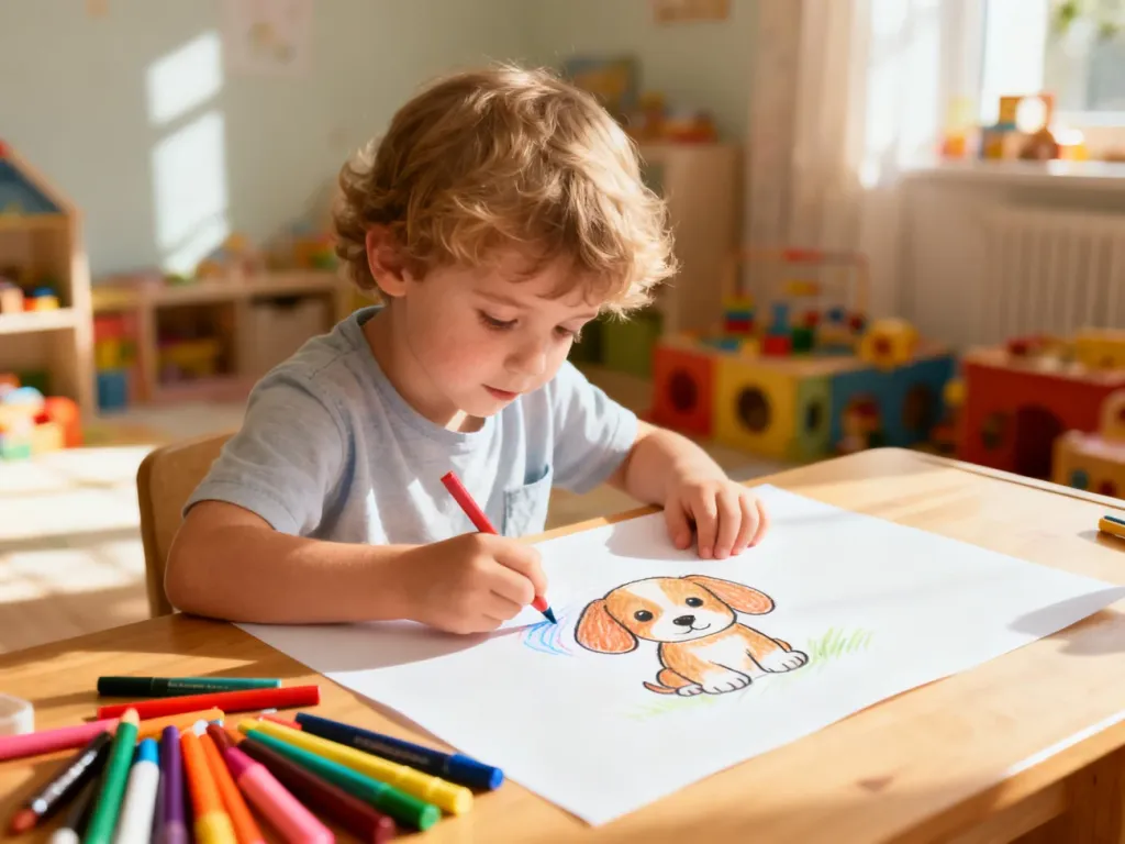 Dziecko z radością rysuje pieska kredkami na dużej kartce papieru przy drewnianym biurku.