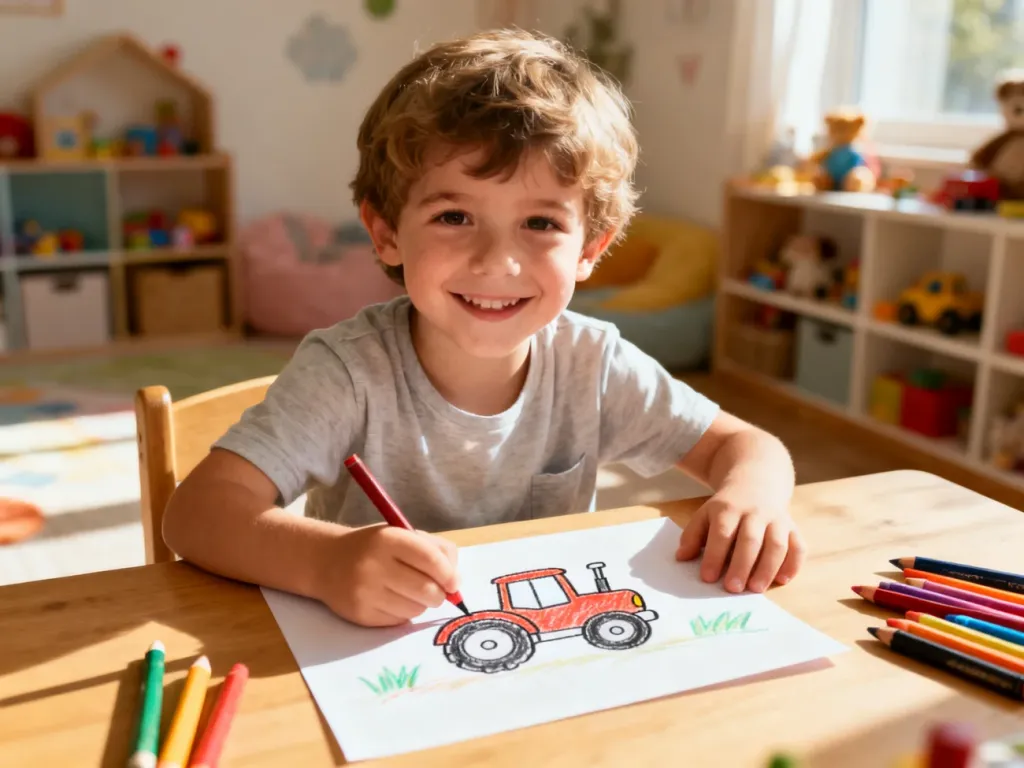 Dziecko rysujące kredkami prosty traktor na kartce papieru w przytulnym pokoju zabaw.