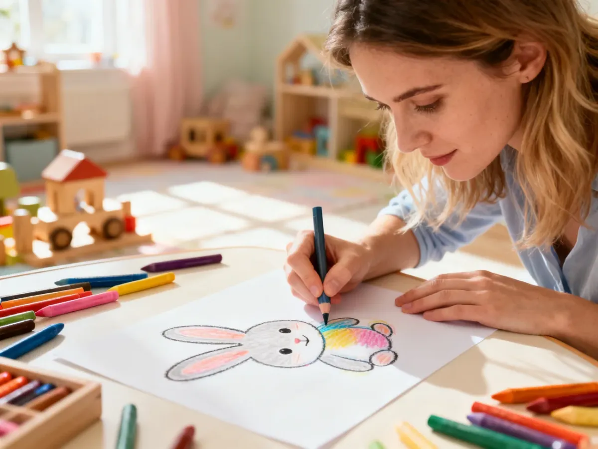 Kobieta rysuje kredkami uroczego królika na białej kartce w przytulnym pokoju dziecięcym.