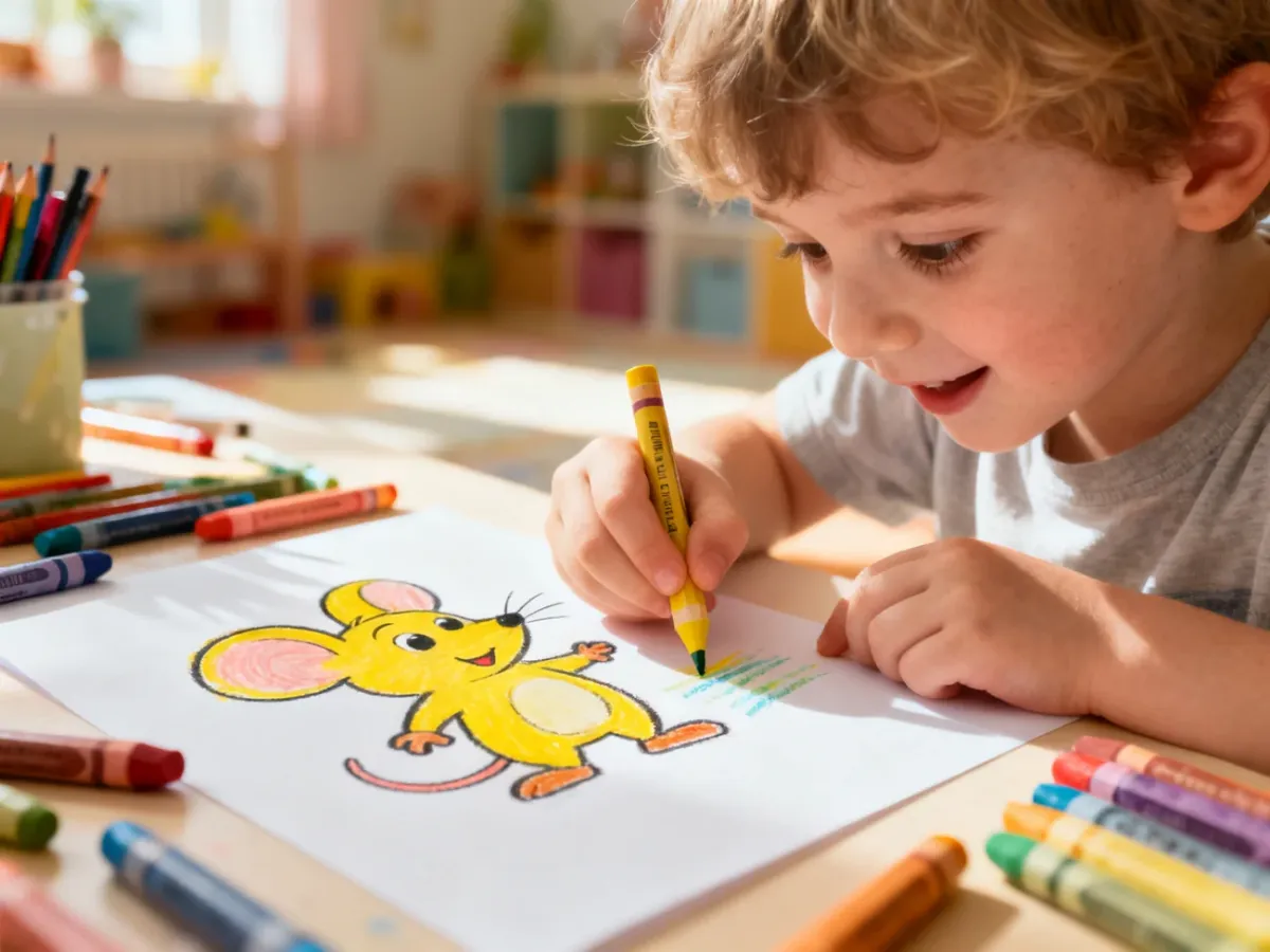 Dziecko z radością rysuje kredkami postać żółtego stworka na białej kartce w przytulnym pokoju.