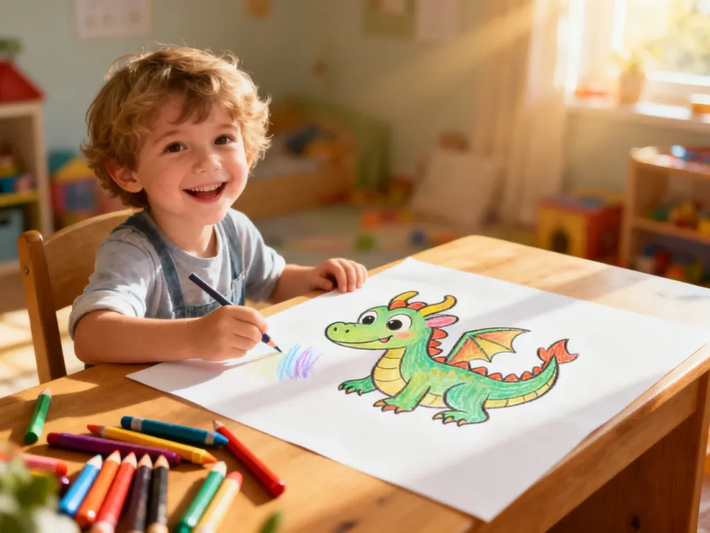 Dziecko rysuje przyjaznego smoka kredkami na kartce papieru w przytulnym pokoju zabaw.