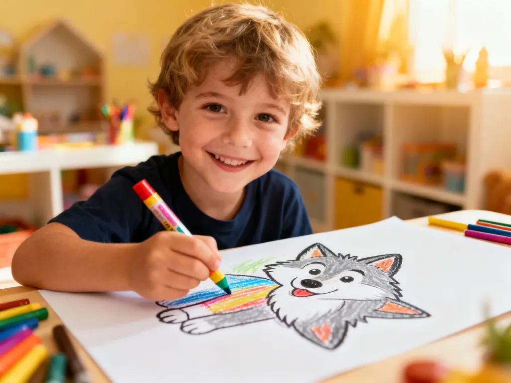 Dziecko z uśmiechem rysuje kolorową kredką sympatycznego wilka na dużym arkuszu papieru w przytulnym pokoju.