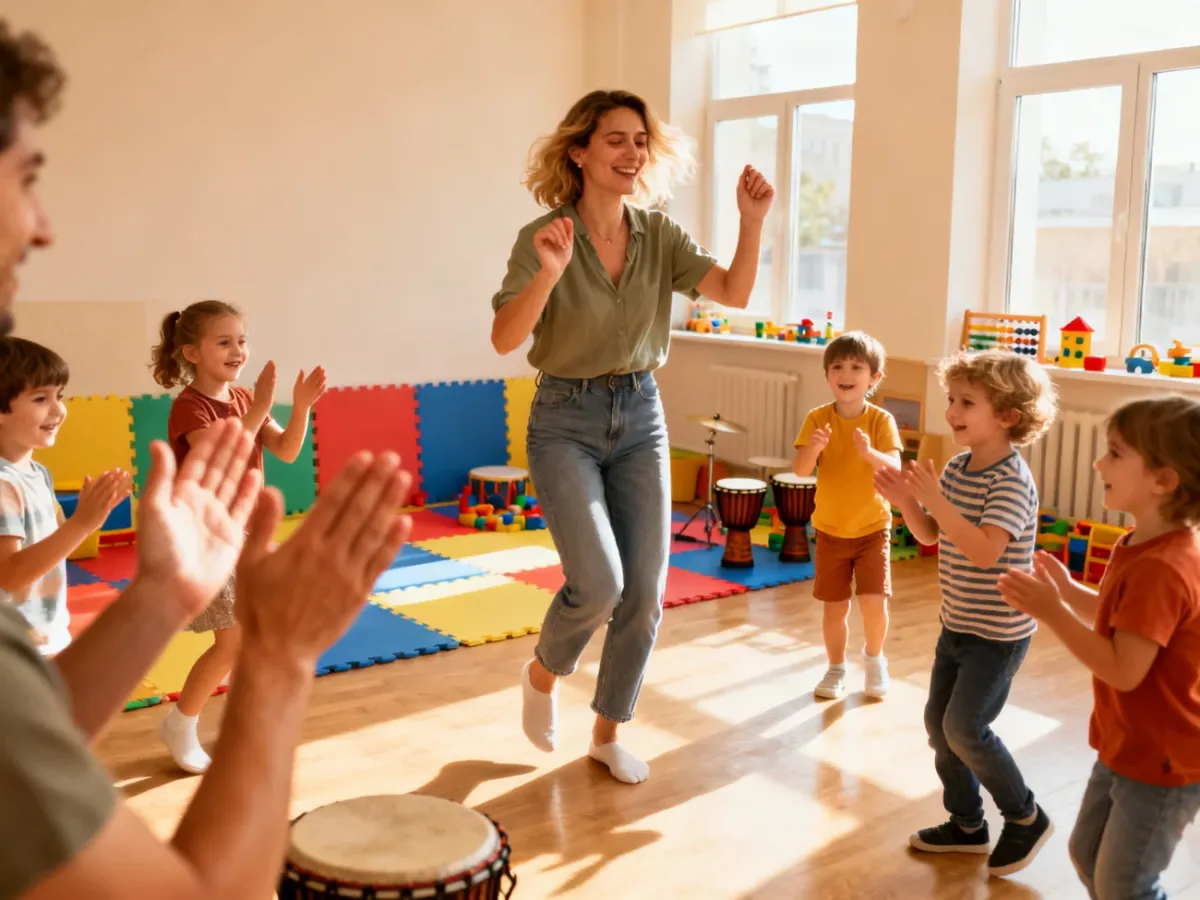 Uśmiechnięta kobieta bawi się i tańczy z dziećmi w jasnej sali pełnej instrumentów oraz zabawek edukacyjnych.