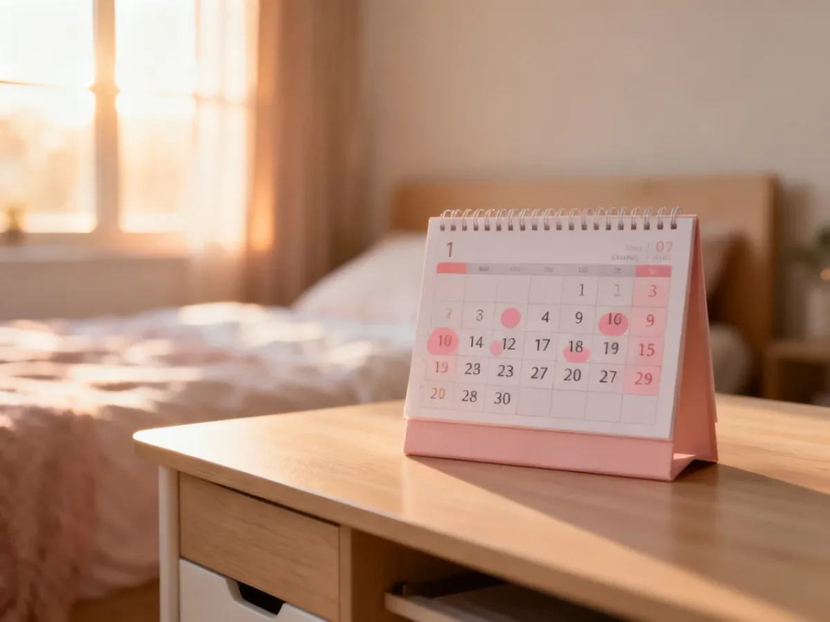 Kalendarz z zaznaczonymi dniami na drewnianym biurku, symbolizujący cykl menstruacyjny w kontekście ciąży.
