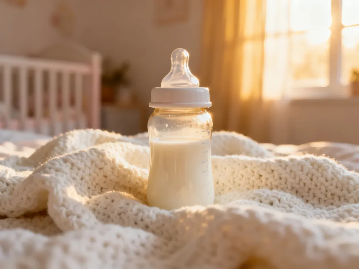 Szklana butelka z mlekiem na miękkim kocyku w przytulnym pokoju dziecięcym, podkreślająca temat karmienia niemowląt.