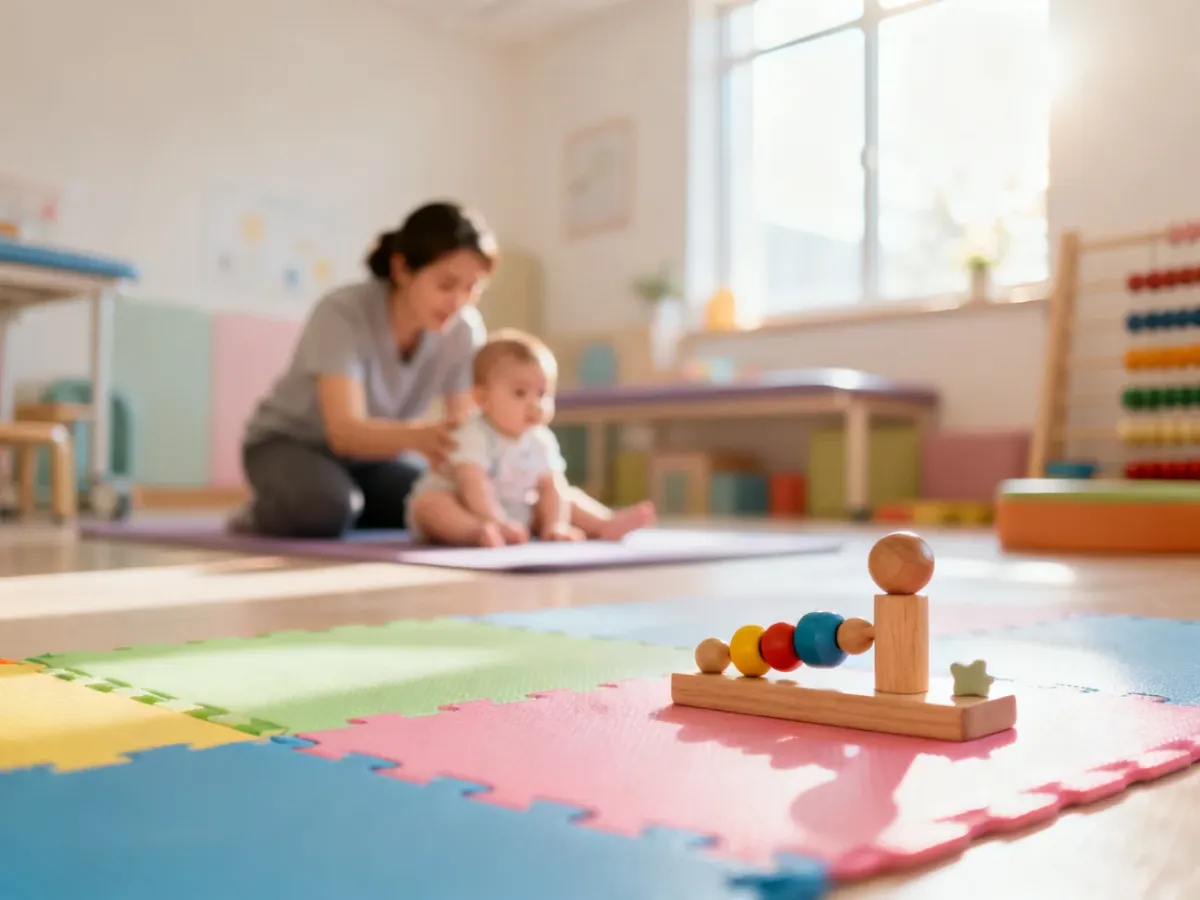 Fizjoterapeuta wykonuje delikatne ćwiczenia z niemowlęciem na kolorowej macie w przytulnym gabinecie rehabilitacyjnym.