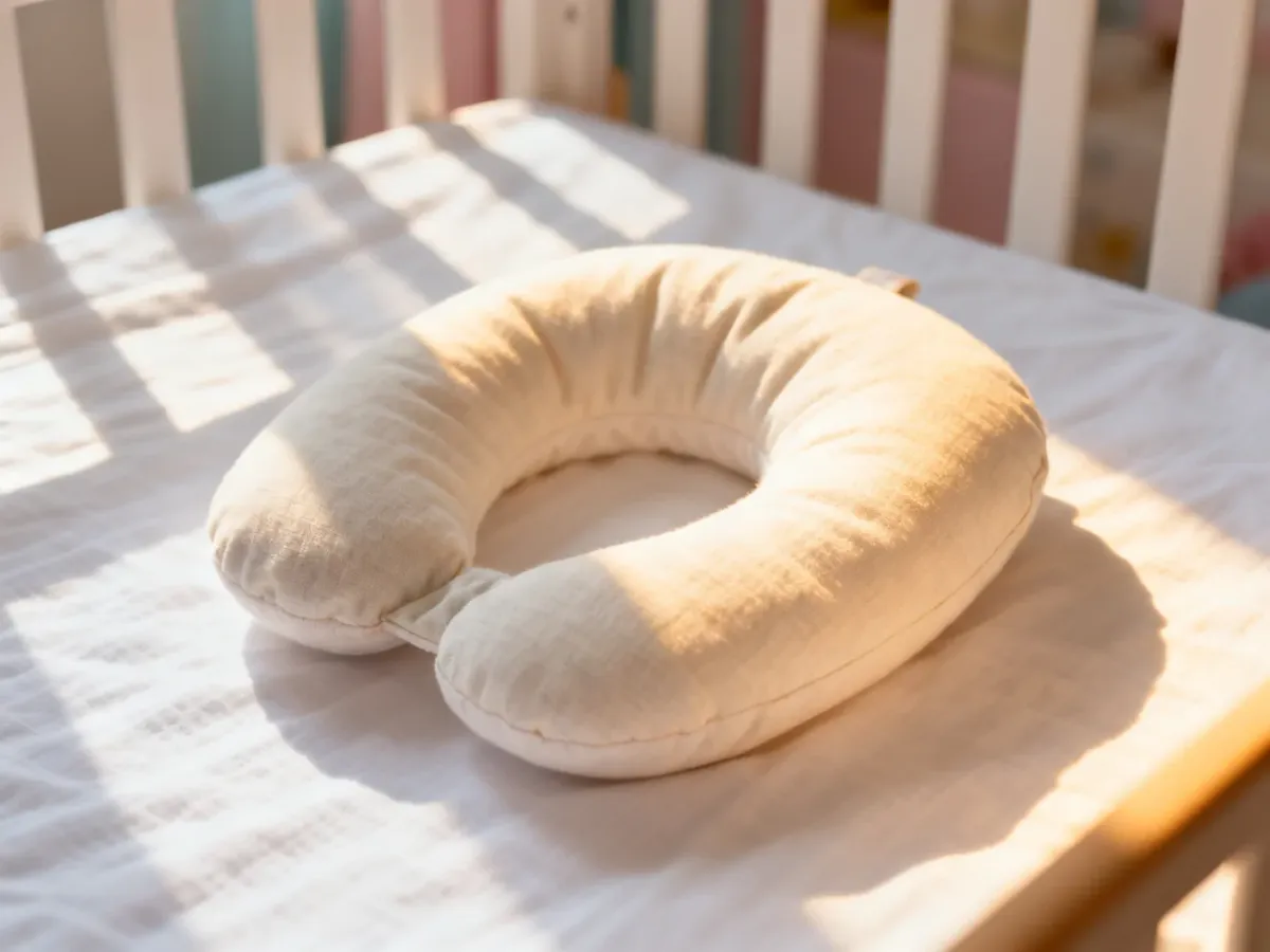 Ergonomiczna poduszka Head Care na białym prześcieradle, wspierająca prawidłowe ułożenie główki niemowlęcia.