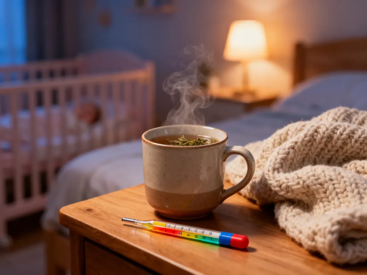 Parujący kubek herbaty, termometr i ciepły koc na szafce nocnej w przytulnym pokoju dziecka podczas choroby.