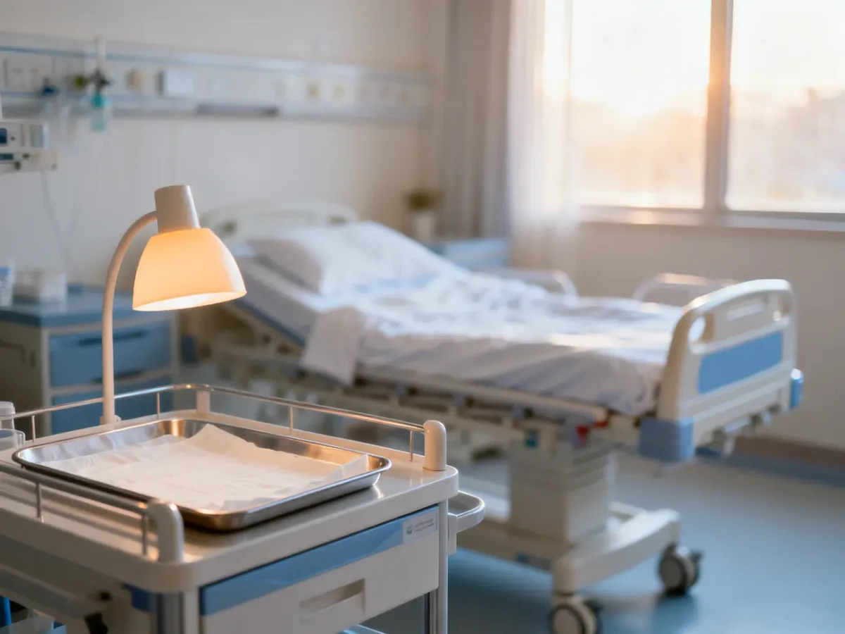 Spokojna sala porodowa w szpitalu z profesjonalnym sprzętem medycznym i łóżkiem, tworząca bezpieczną atmosferę dla rodzącej.